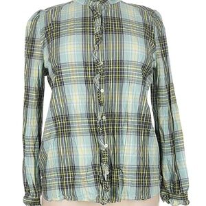 LOFT Ruffle Button Shirt Women M. Blue Yellow Plaid Long Sleeve. Western Causal